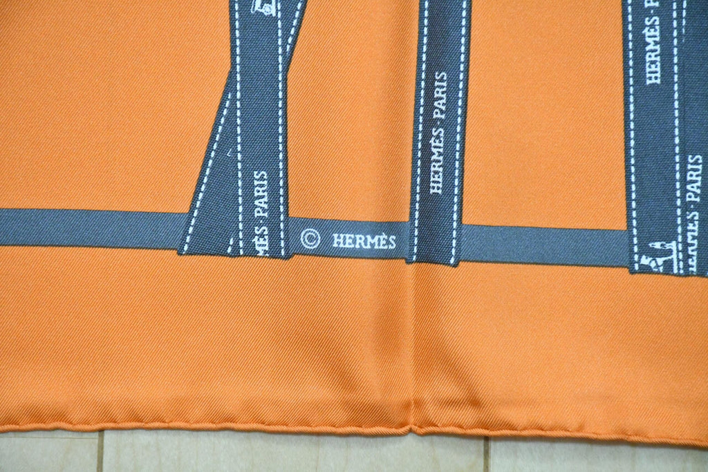 Hermes Scarf Bolduc by Jean Louis Dumas Silk 90 cm ribbon orange Carre 35" RA77