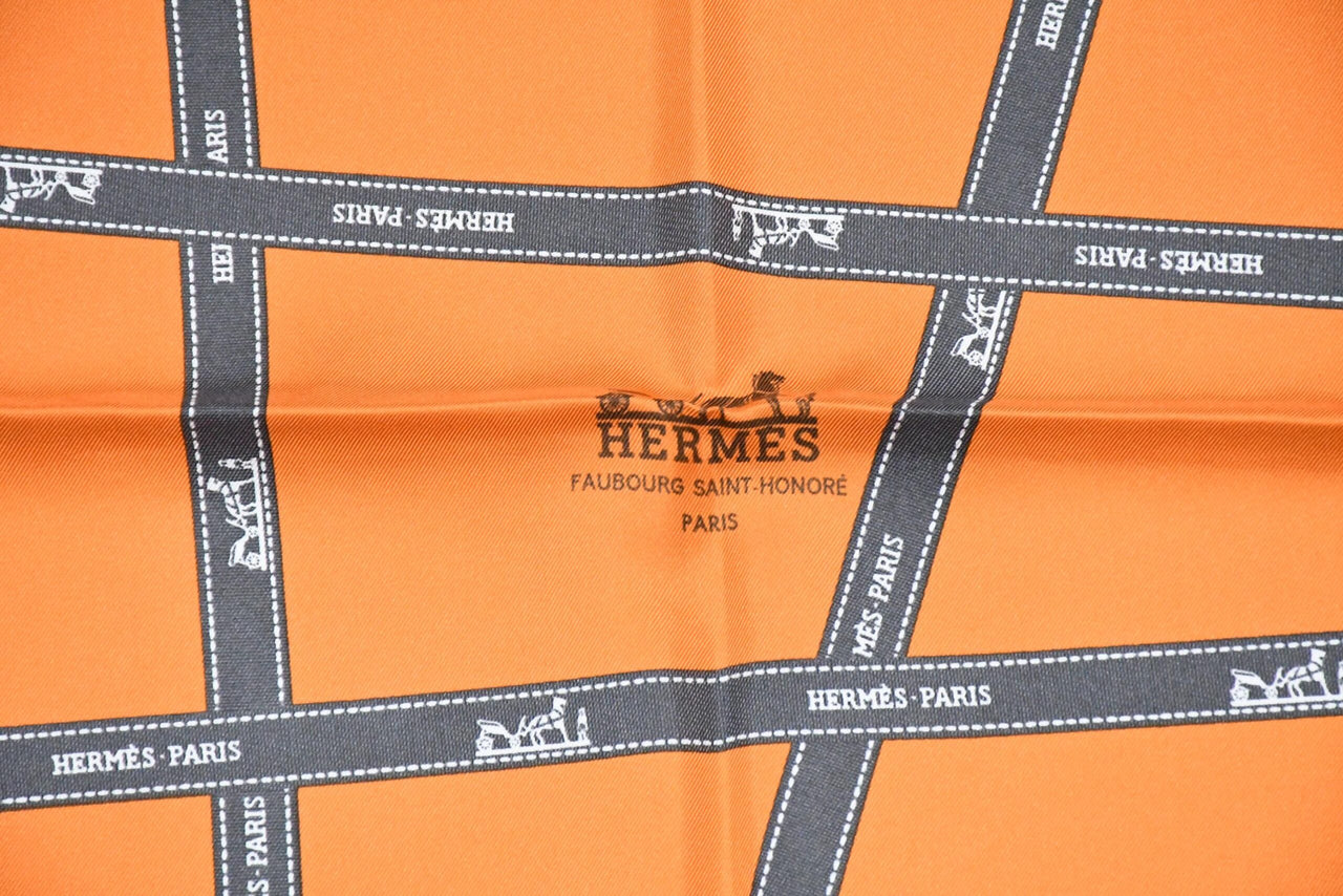 Hermes Scarf Bolduc by Jean Louis Dumas Silk 90 cm ribbon orange Carre 35" RA77