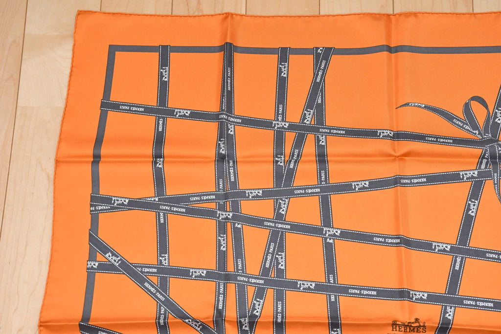 Hermes Scarf Bolduc by Jean Louis Dumas Silk 90 cm ribbon orange Carre 35" RA77