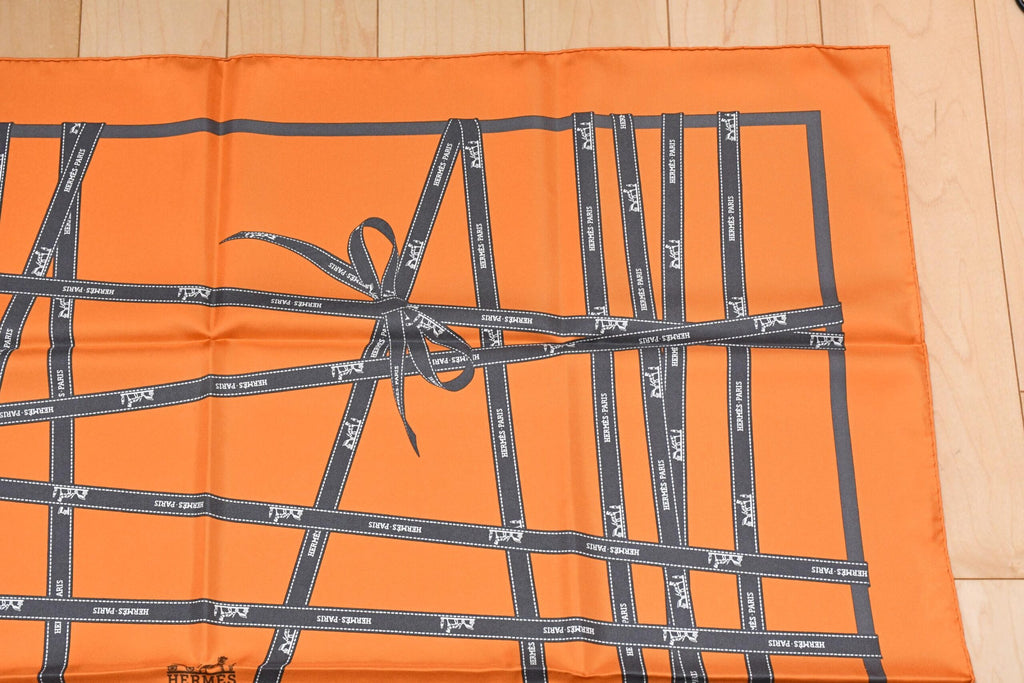Hermes Scarf Bolduc by Jean Louis Dumas Silk 90 cm ribbon orange Carre 35" RA77