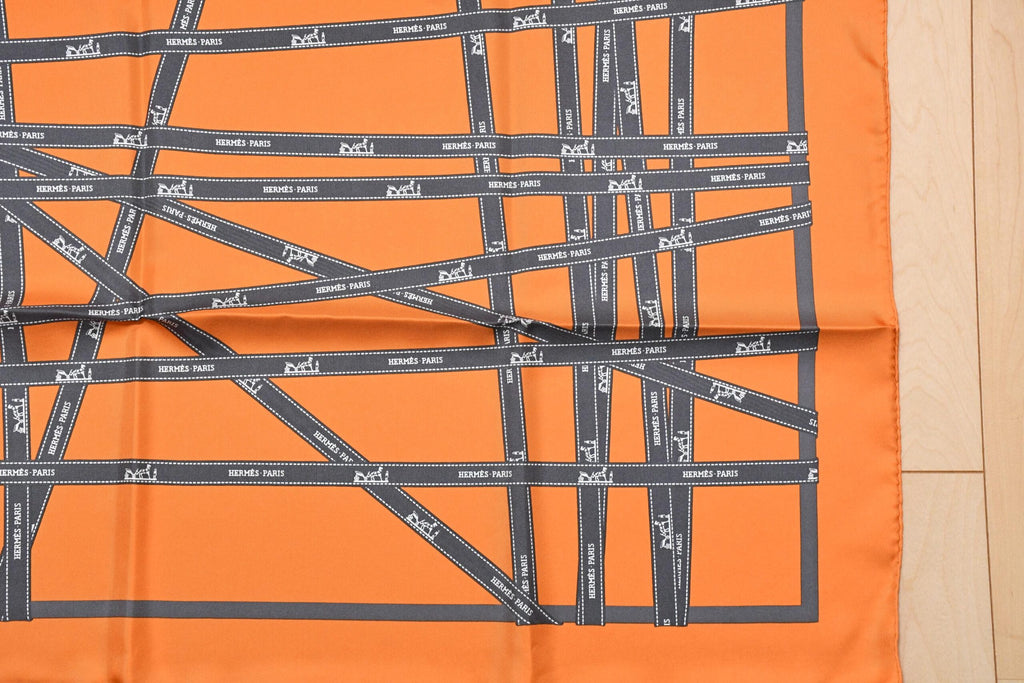 Hermes Scarf Bolduc by Jean Louis Dumas Silk 90 cm ribbon orange Carre 35" RA77