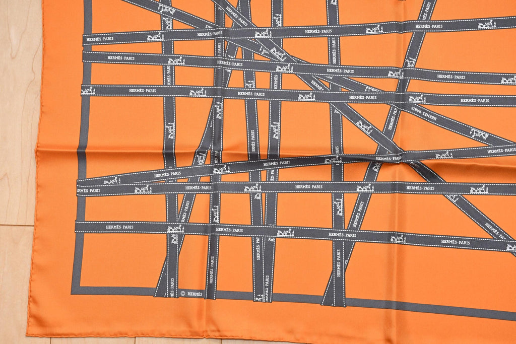 Hermes Scarf Bolduc by Jean Louis Dumas Silk 90 cm ribbon orange Carre 35" RA77