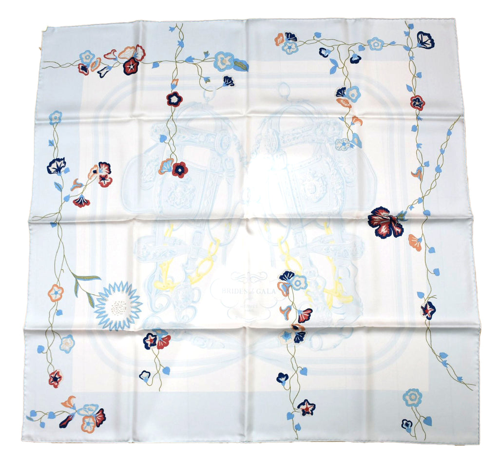 Hermes Scarf Brides Fleuries 90 cm silk light blue flower Carre 35"