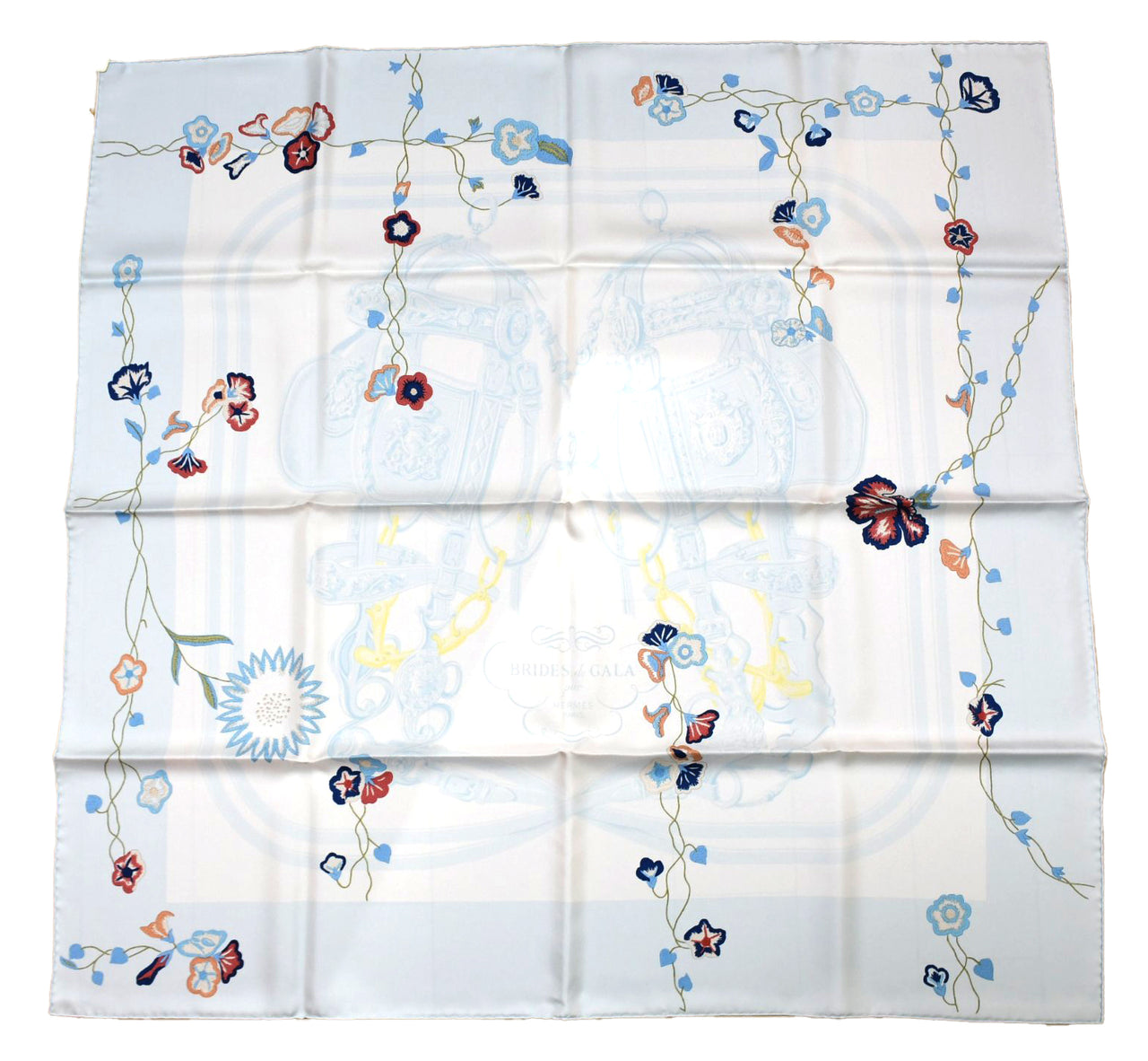 Hermes Scarf Brides Fleuries 90 cm silk light blue flower Carre 35"