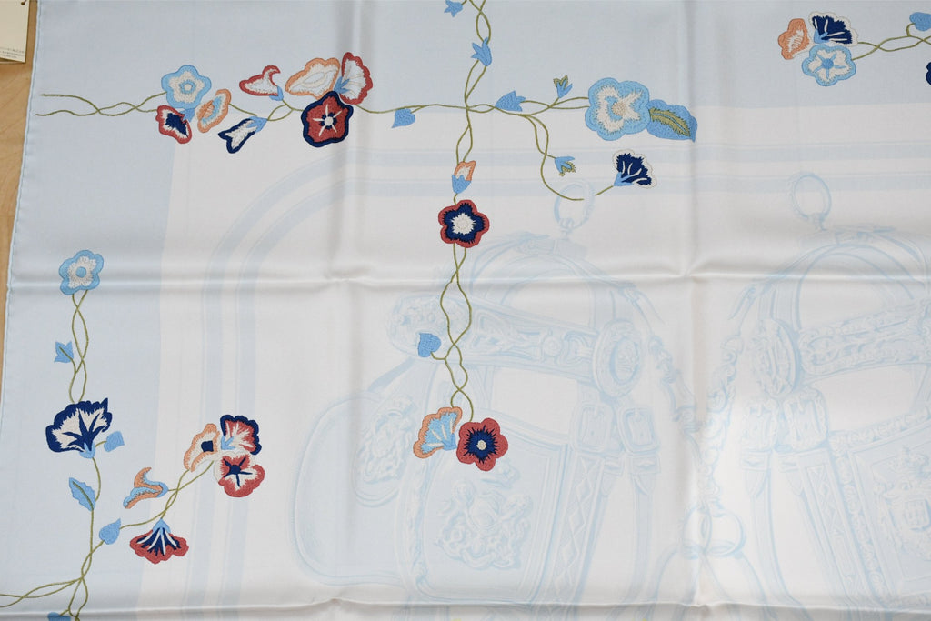 Hermes Scarf Brides Fleuries 90 cm silk light blue flower Carre 35"