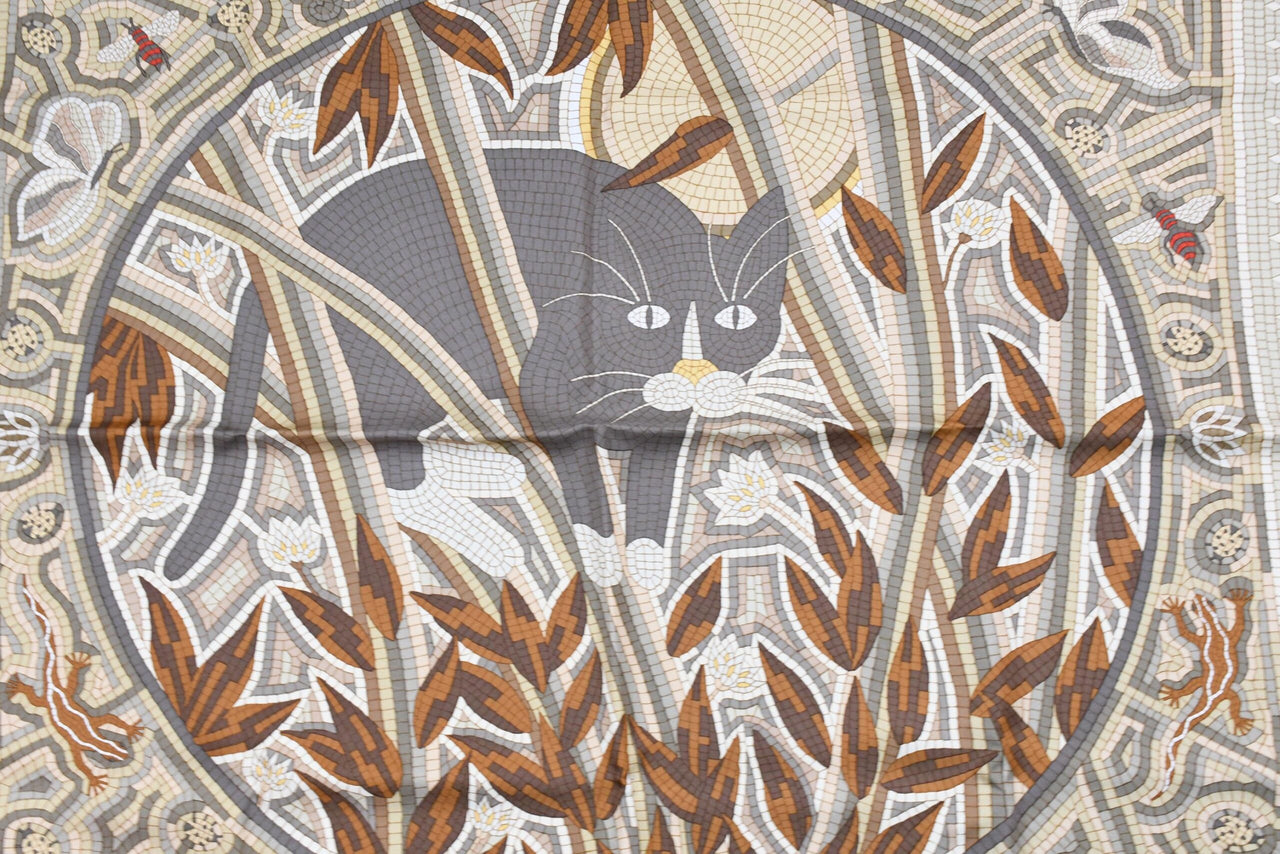Hermes Scarf CAVE FELEM 90 cm silk brown camel Carre cat mosaic 35"