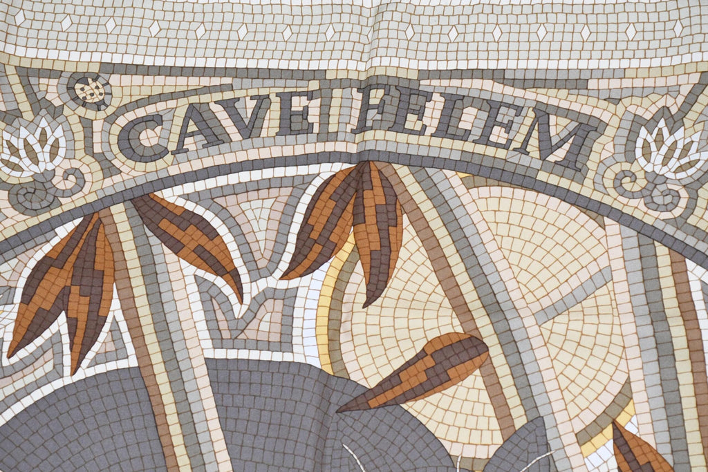 Hermes Scarf CAVE FELEM 90 cm silk brown camel Carre cat mosaic 35"
