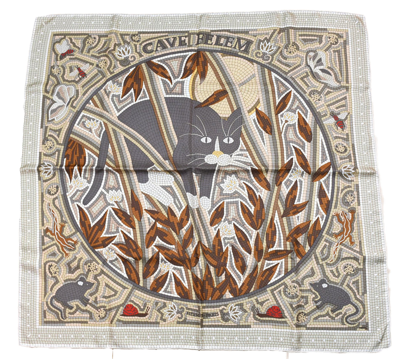 Hermes Scarf CAVE FELEM 90 cm silk brown camel Carre cat mosaic 35"