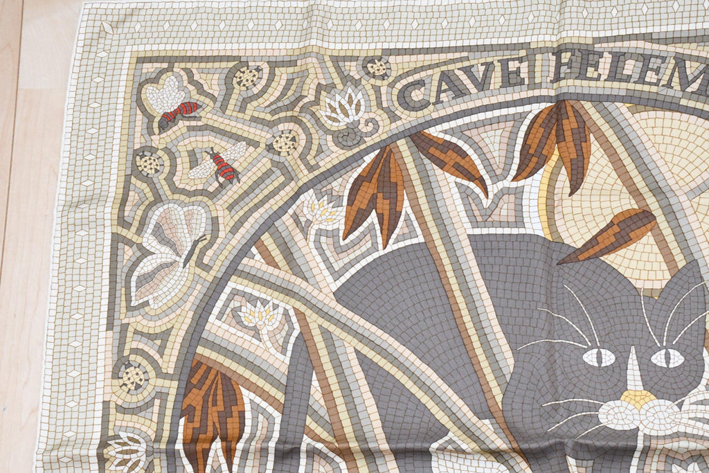 Hermes Scarf CAVE FELEM 90 cm silk brown camel Carre cat mosaic 35"