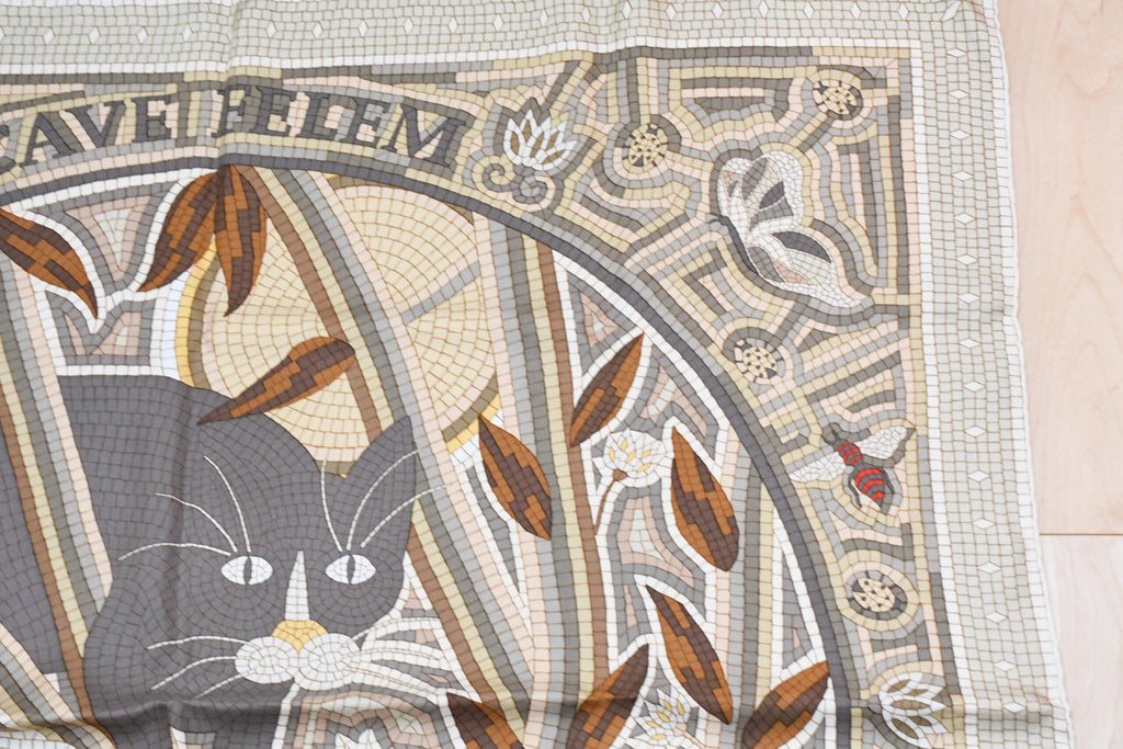 Hermes Scarf CAVE FELEM 90 cm silk brown camel Carre cat mosaic 35"