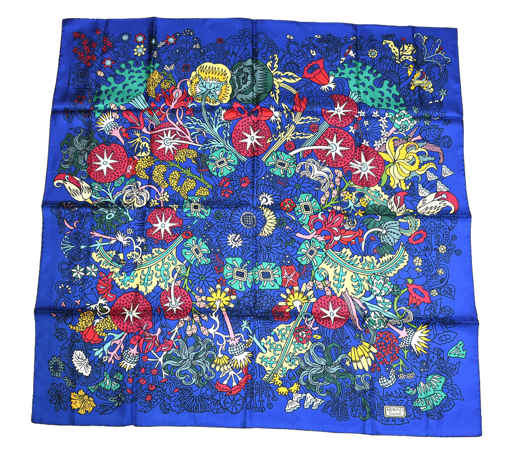 Hermes Scarf Cache Cache Fleuri 90 cm silk navy blue Carre flower 35"