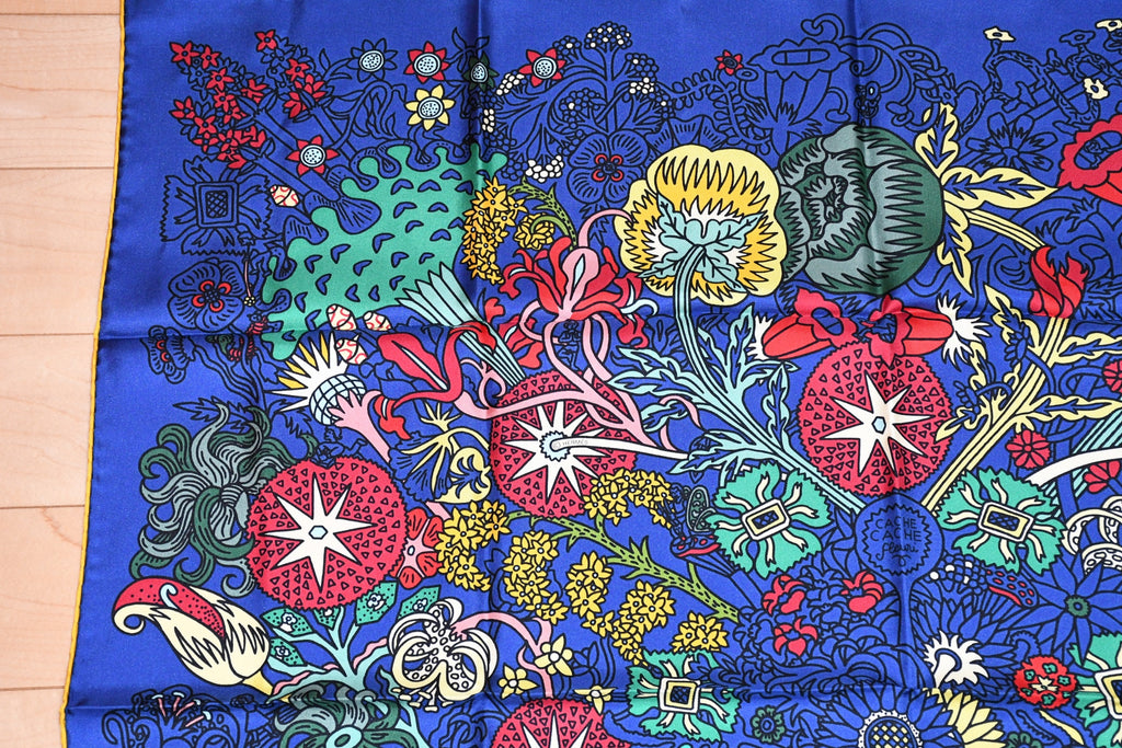Hermes Scarf Cache Cache Fleuri 90 cm silk navy blue Carre flower 35"