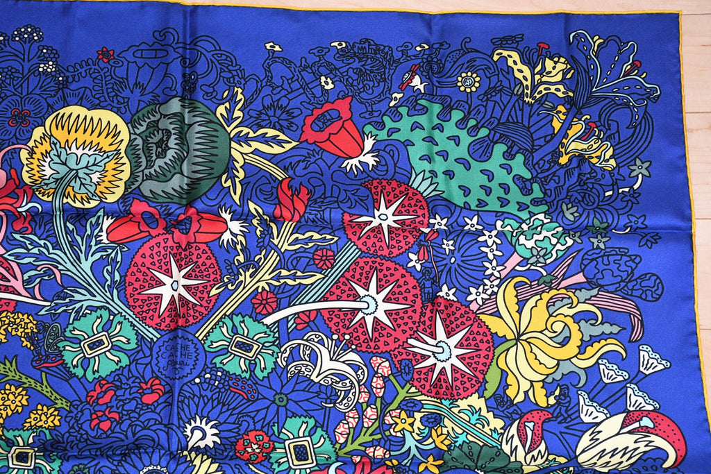 Hermes Scarf Cache Cache Fleuri 90 cm silk navy blue Carre flower 35"
