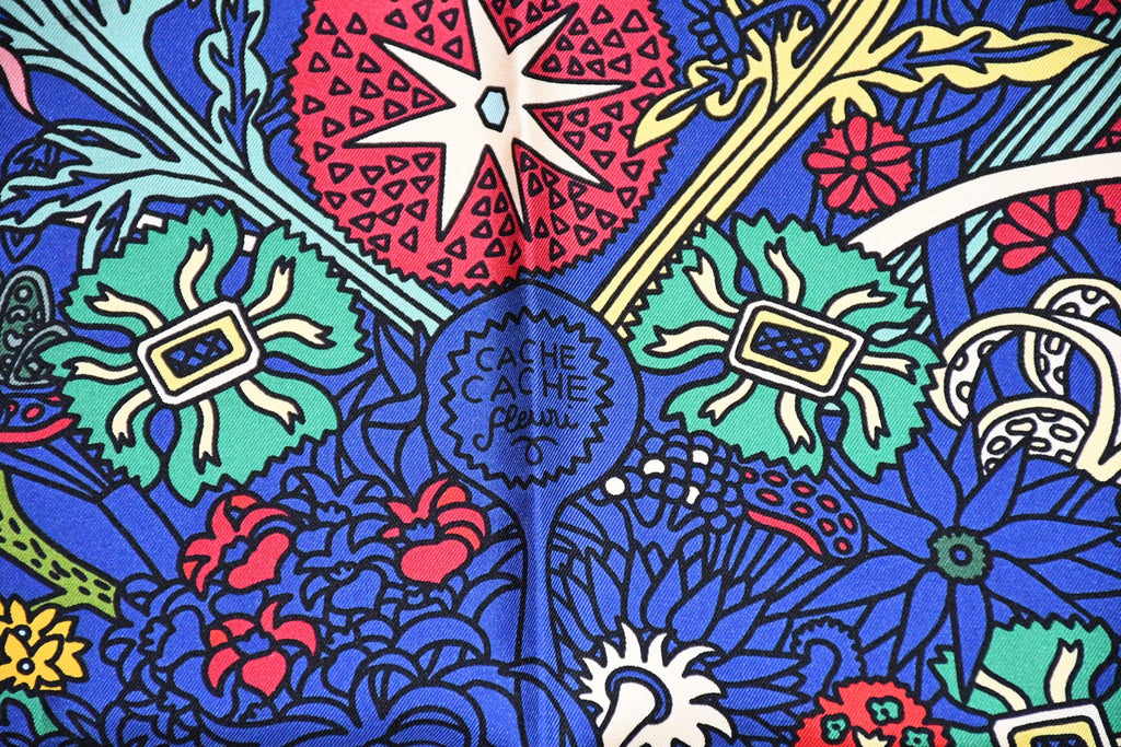 Hermes Scarf Cache Cache Fleuri 90 cm silk navy blue Carre flower 35"
