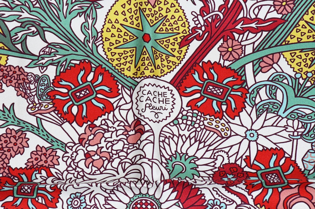 Hermes Scarf Cache Cache Fleuri 90 cm silk white Carre flower 35"