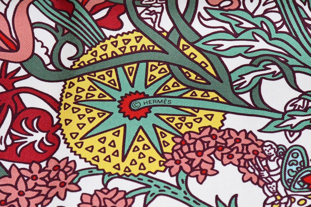 Hermes Scarf Cache Cache Fleuri 90 cm silk white Carre flower 35"