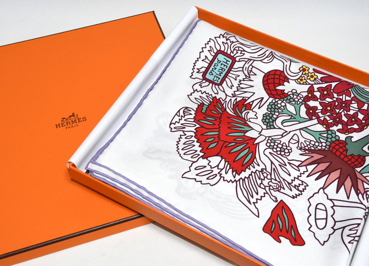Hermes Scarf Cache Cache Fleuri 90 cm silk white Carre flower 35"