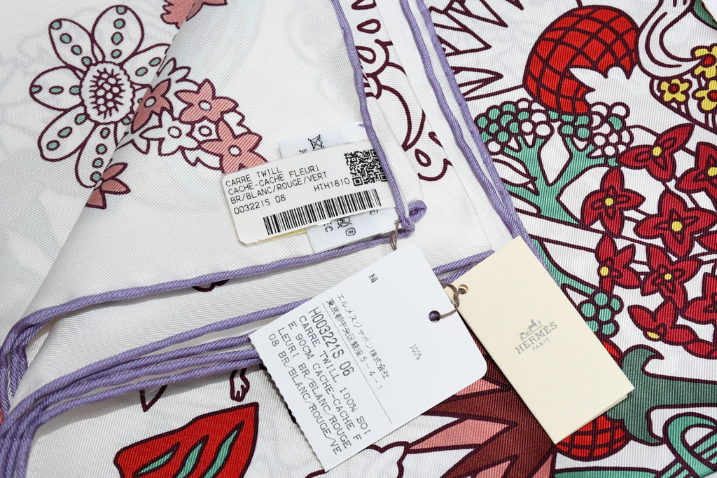 Hermes Scarf Cache Cache Fleuri 90 cm silk white Carre flower 35"
