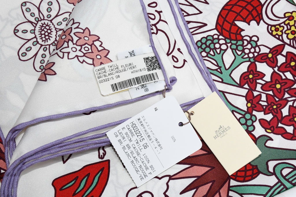Hermes Scarf Cache Cache Fleuri 90 cm silk white Carre flower 35"