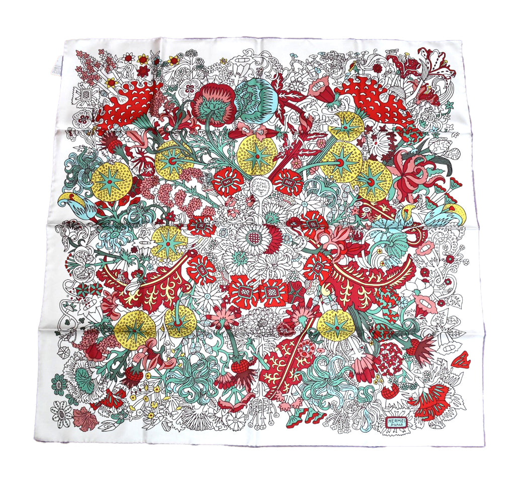 Hermes Scarf Cache Cache Fleuri 90 cm silk white Carre flower 35"
