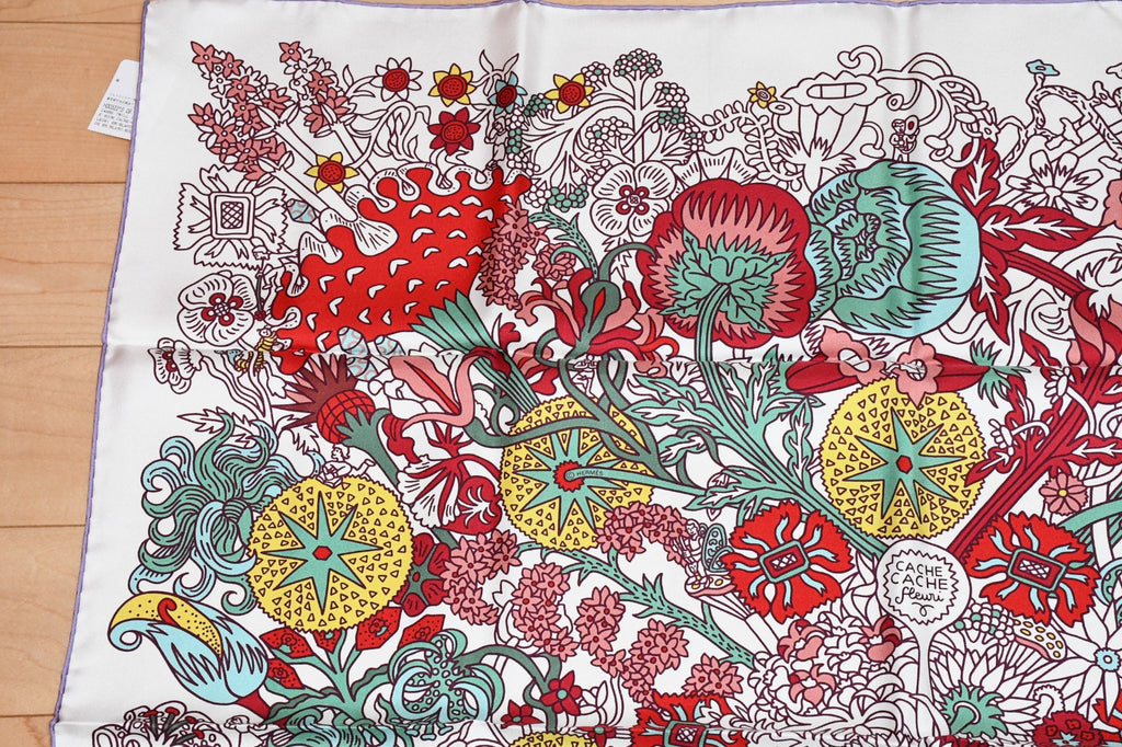 Hermes Scarf Cache Cache Fleuri 90 cm silk white Carre flower 35"