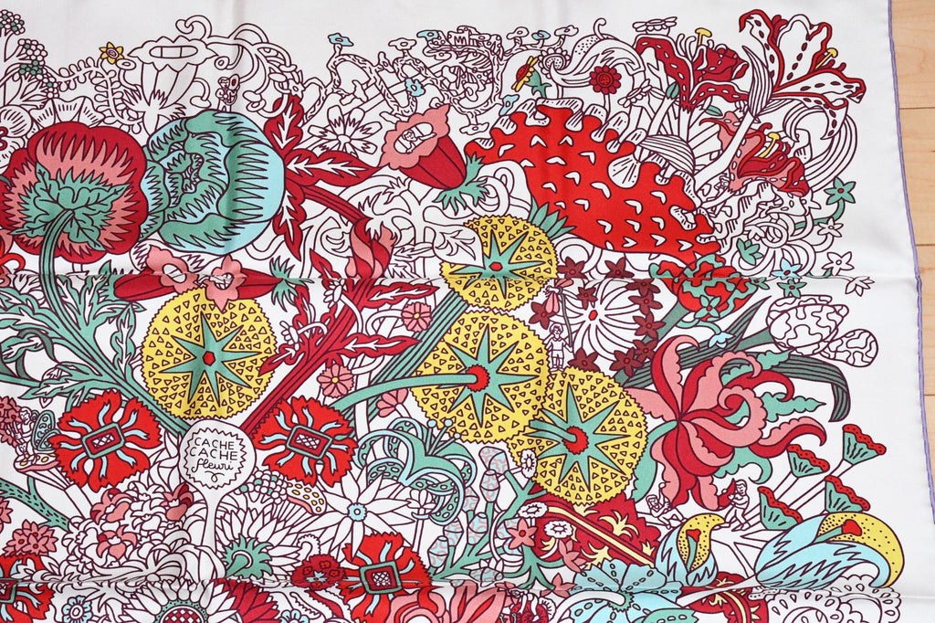 Hermes Scarf Cache Cache Fleuri 90 cm silk white Carre flower 35"