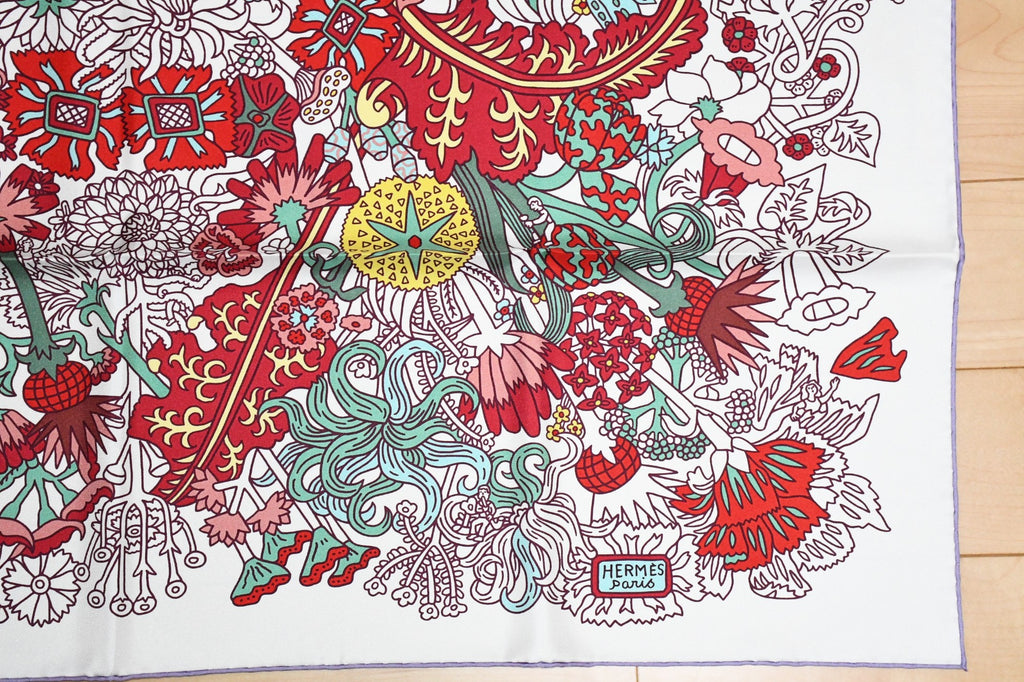 Hermes Scarf Cache Cache Fleuri 90 cm silk white Carre flower 35"