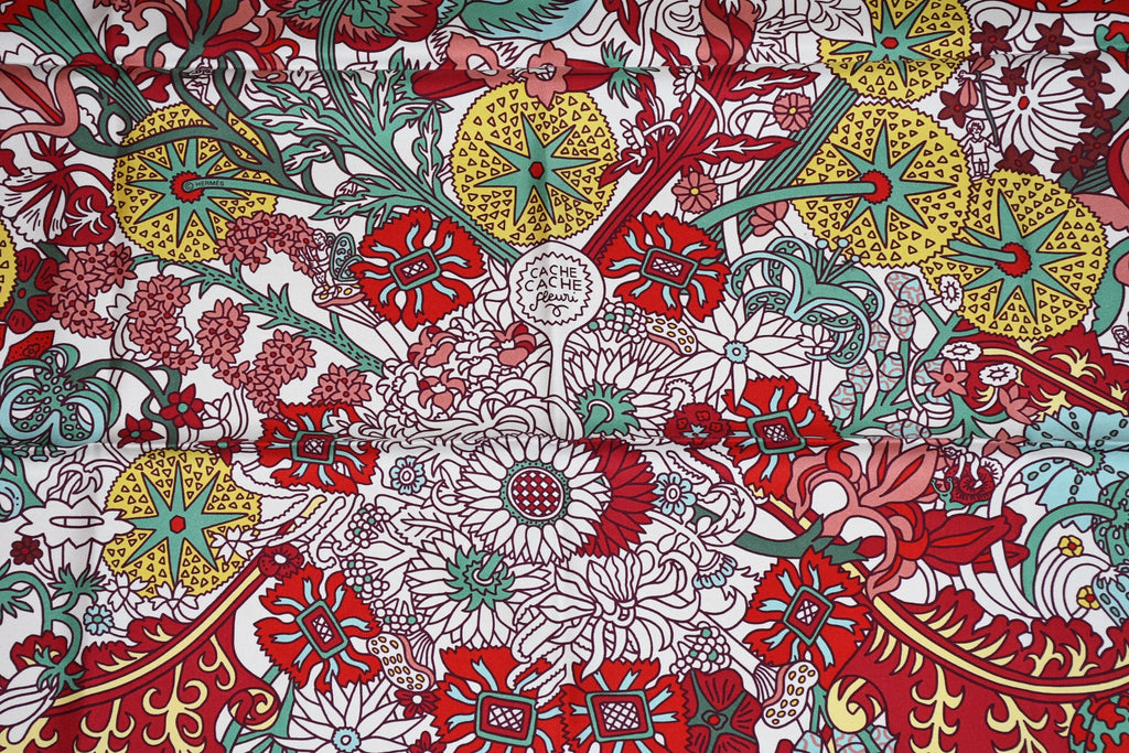 Hermes Scarf Cache Cache Fleuri 90 cm silk white Carre red flower 35"