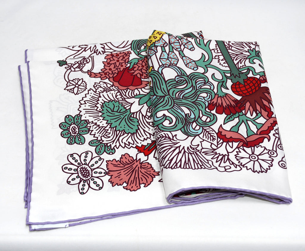 Hermes Scarf Cache Cache Fleuri 90 cm silk white Carre red flower 35"