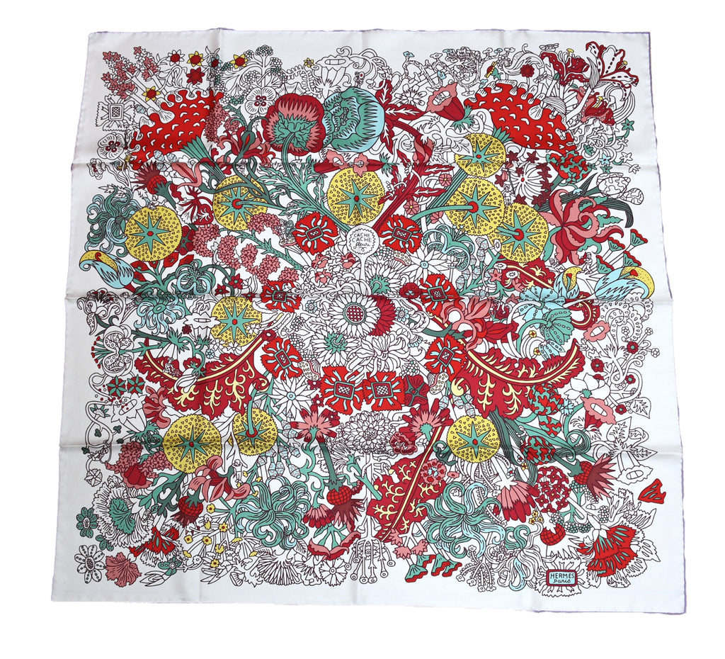 Hermes Scarf Cache Cache Fleuri 90 cm silk white Carre red flower 35"