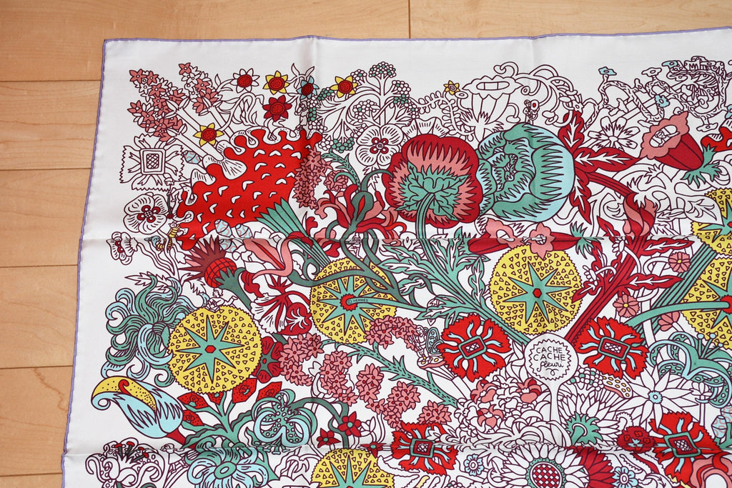 Hermes Scarf Cache Cache Fleuri 90 cm silk white Carre red flower 35"