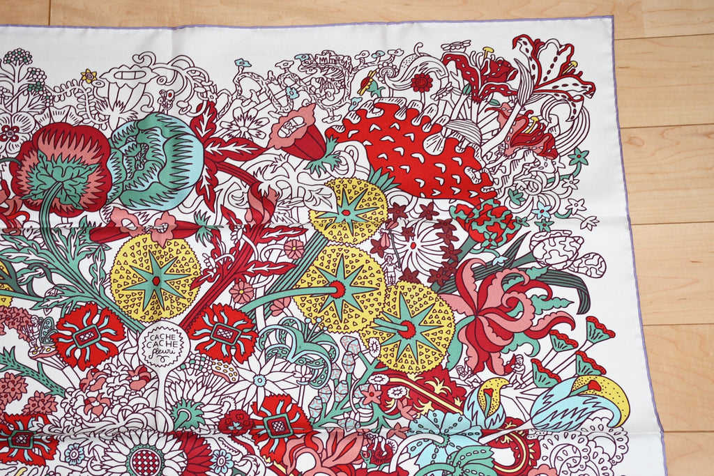 Hermes Scarf Cache Cache Fleuri 90 cm silk white Carre red flower 35"