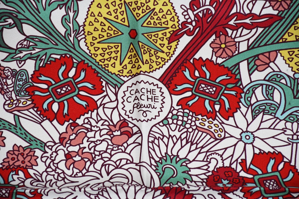 Hermes Scarf Cache Cache Fleuri 90 cm silk white Carre red flower 35"