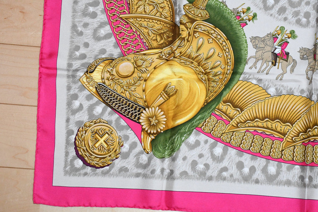 Hermes Scarf Casques et Plumets by Abadie 90 cm silk pink Carre helmet 35"