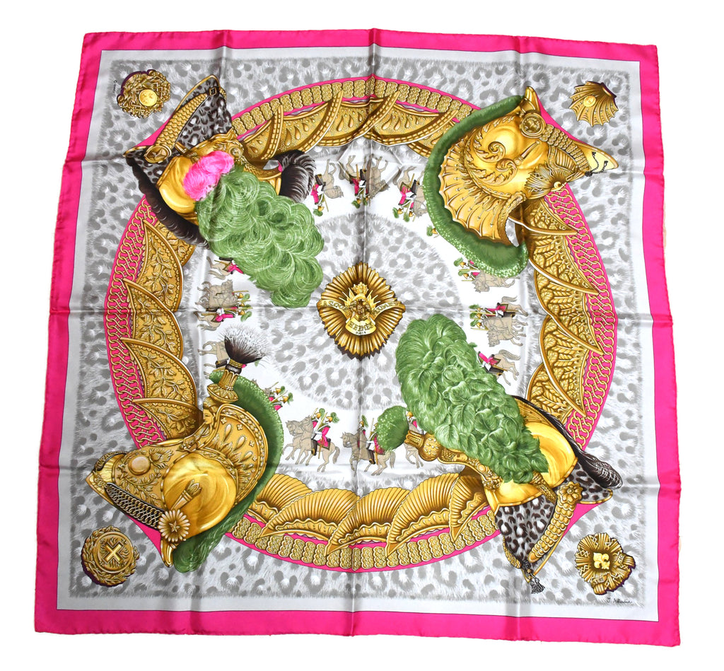 Hermes Scarf Casques et Plumets by Abadie 90 cm silk pink Carre helmet 35"