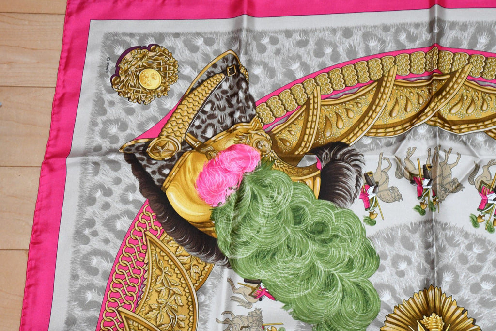 Hermes Scarf Casques et Plumets by Abadie 90 cm silk pink Carre helmet 35"