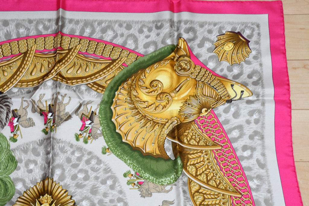 Hermes Scarf Casques et Plumets by Abadie 90 cm silk pink Carre helmet 35"