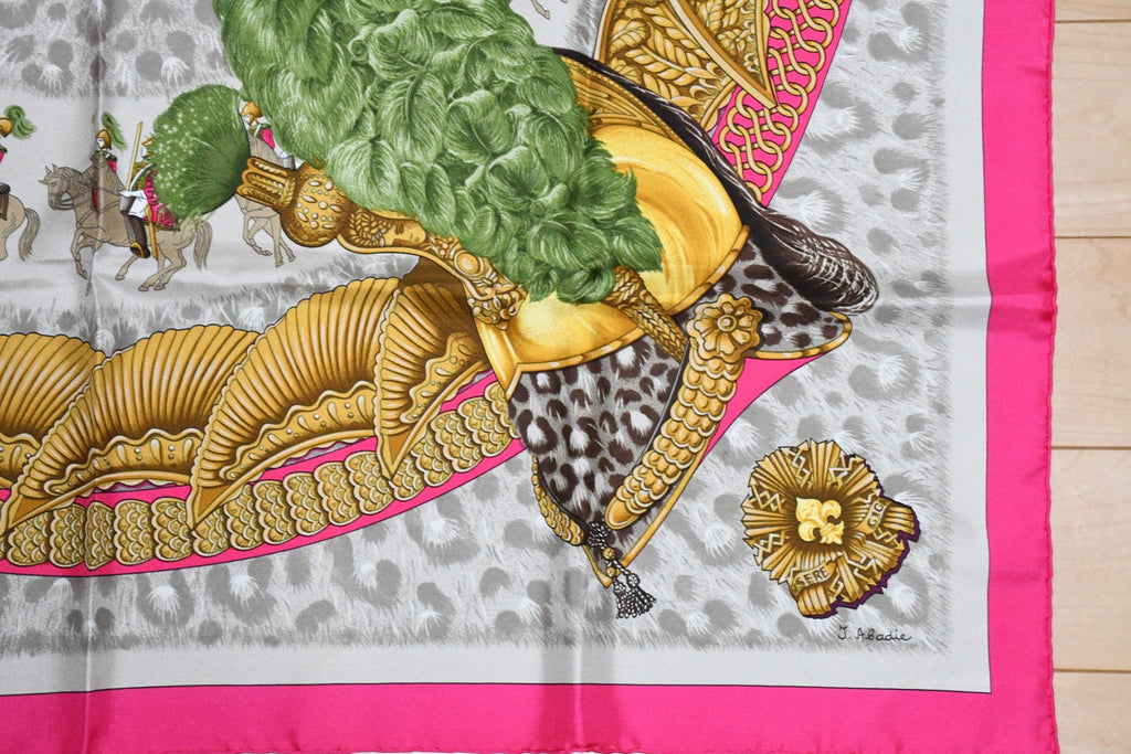 Hermes Scarf Casques et Plumets by Abadie 90 cm silk pink Carre helmet 35"