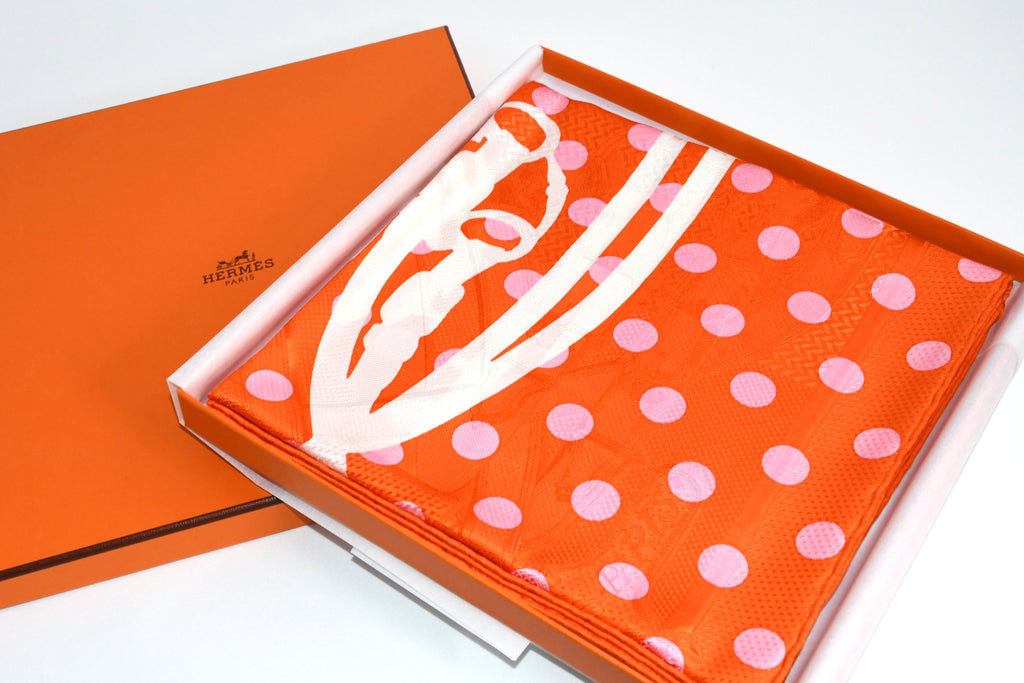 Hermes Scarf Cavalcadour Brides de Gala a Pois 90 cm silk orange pink Carre 35"