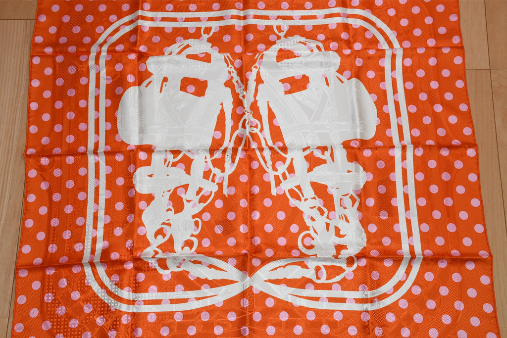 Hermes Scarf Cavalcadour Brides de Gala a Pois 90 cm silk orange pink Carre 35"