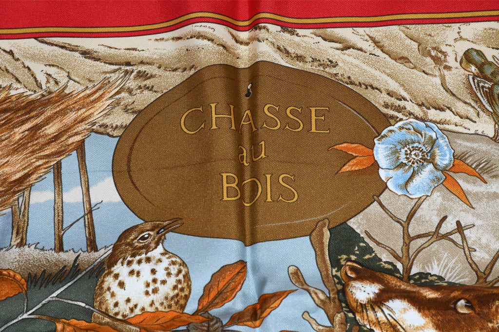 Hermes Scarf Chasse au Bois 90 cm silk red Carre fox animal hunter 35"