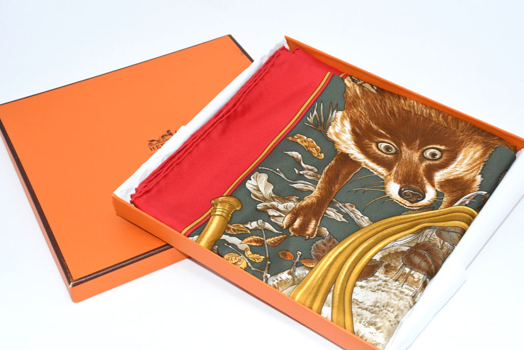 Hermes Scarf Chasse au Bois 90 cm silk red Carre fox animal hunter 35"