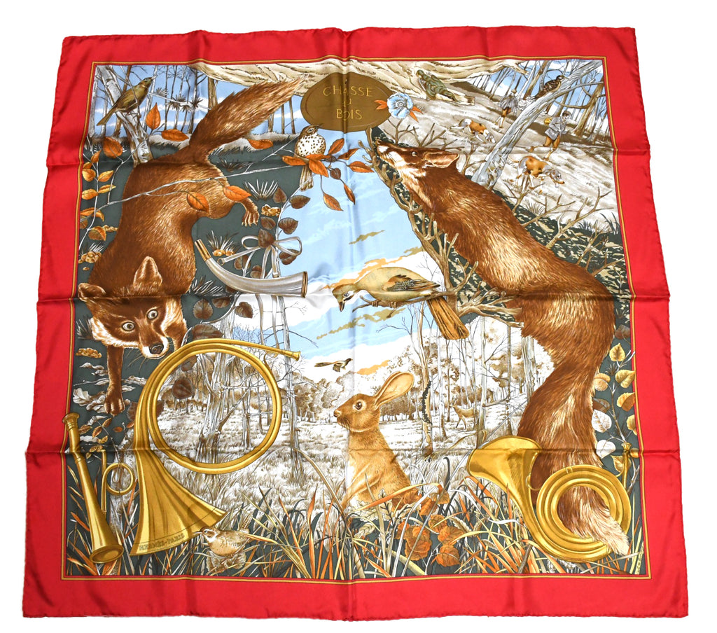Hermes Scarf Chasse au Bois 90 cm silk red Carre fox animal hunter 35"