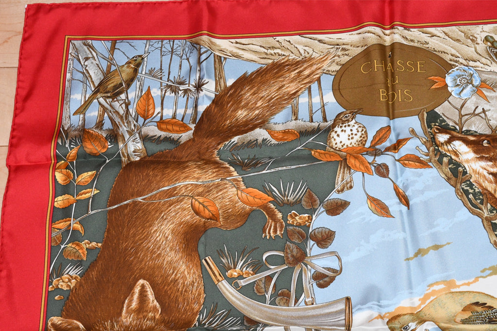 Hermes Scarf Chasse au Bois 90 cm silk red Carre fox animal hunter 35"