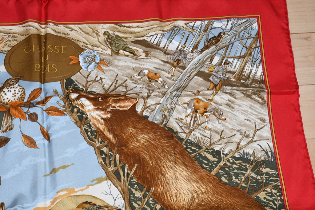 Hermes Scarf Chasse au Bois 90 cm silk red Carre fox animal hunter 35"