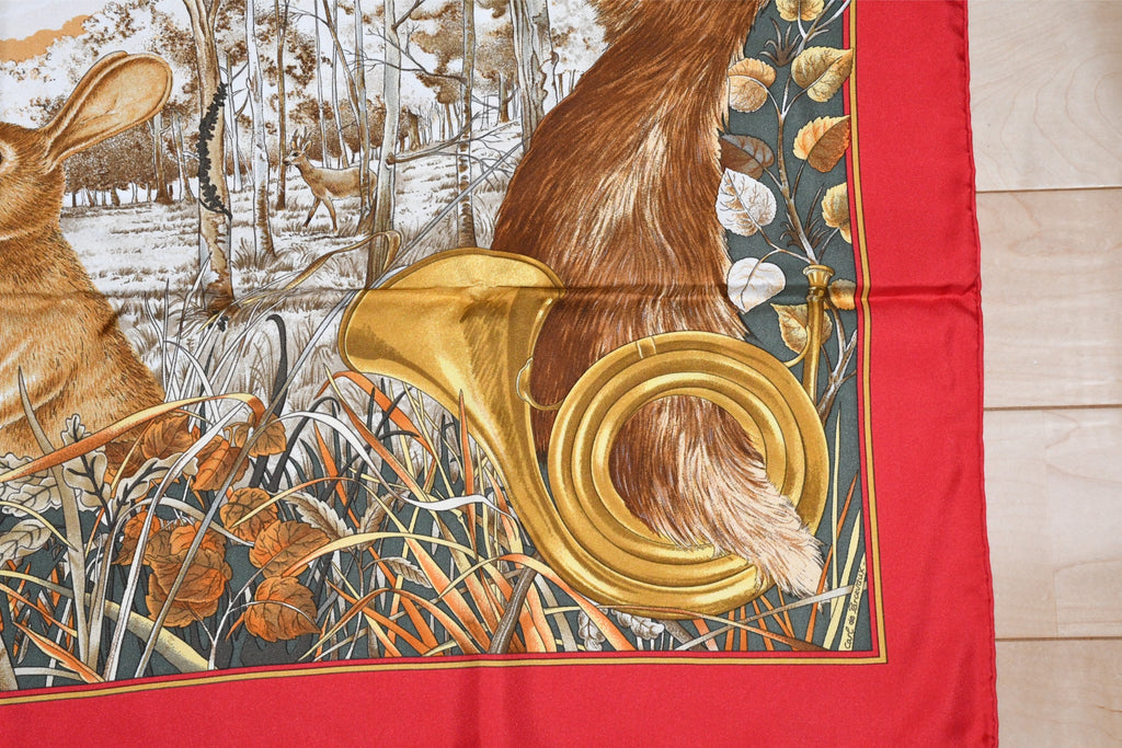 Hermes Scarf Chasse au Bois 90 cm silk red Carre fox animal hunter 35"