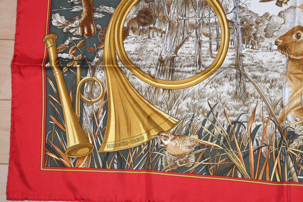 Hermes Scarf Chasse au Bois 90 cm silk red Carre fox animal hunter 35"