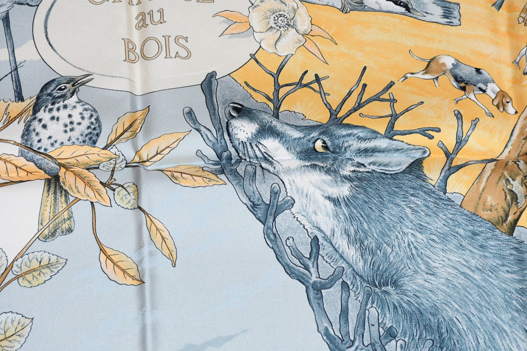 Hermes Scarf Chasse au bois 90 cm silk beige brown Carre fox animal hunter 35"