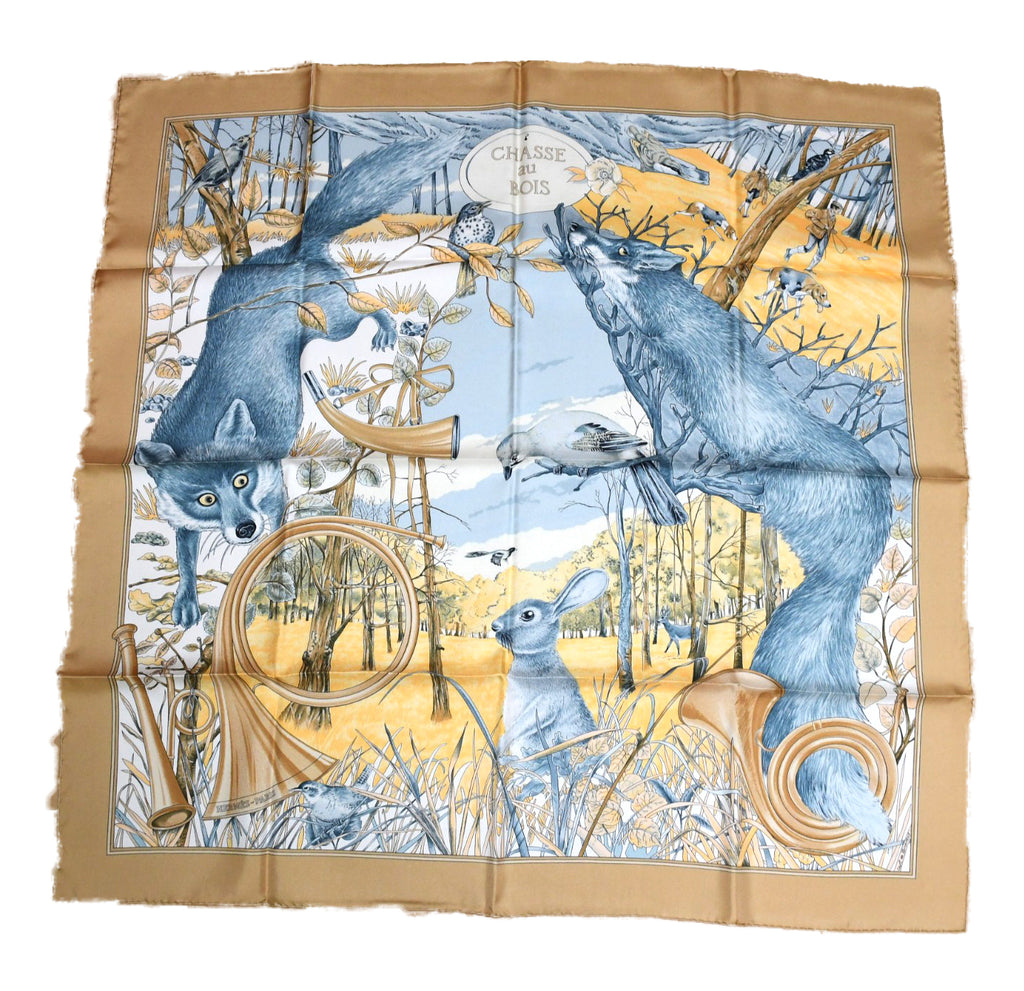 Hermes Scarf Chasse au bois 90 cm silk beige brown Carre fox animal hunter 35"