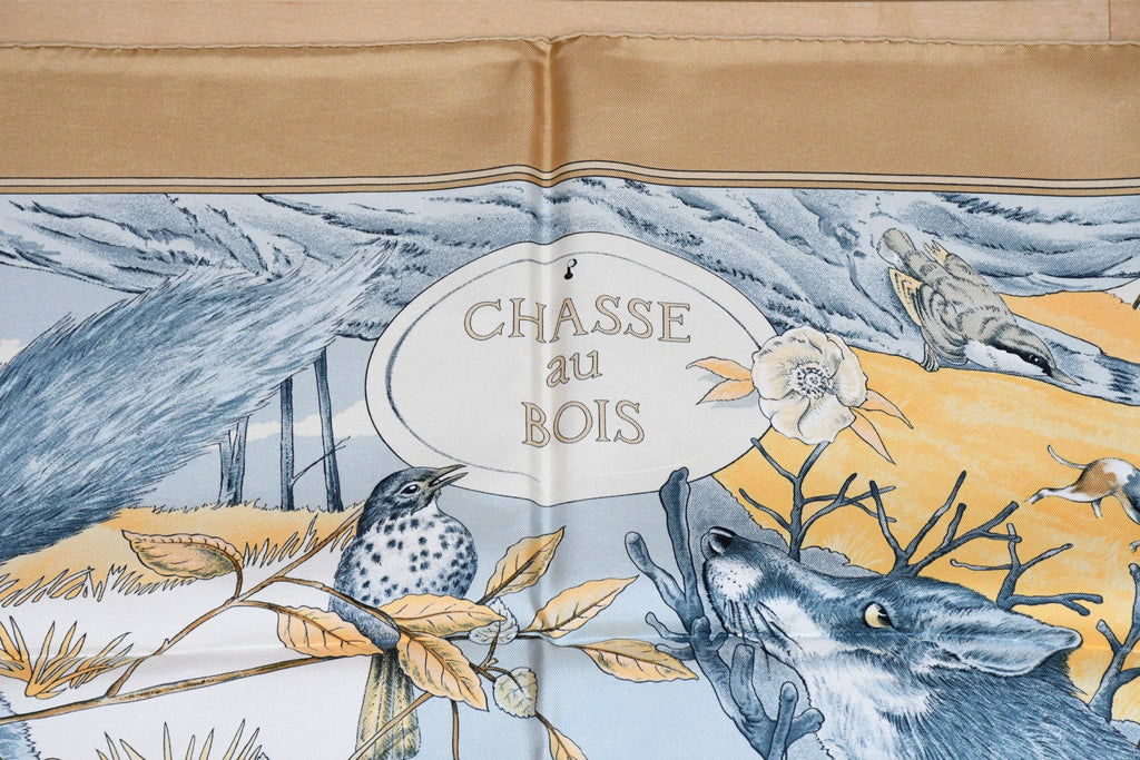 Hermes Scarf Chasse au bois 90 cm silk beige brown Carre fox animal hunter 35"